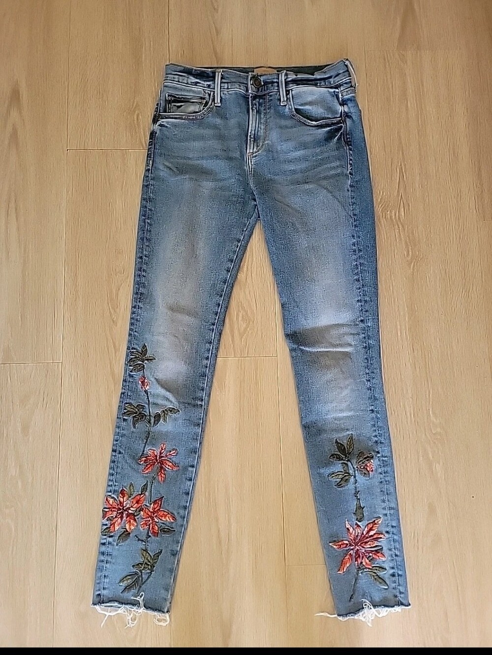 DRIFTWOOD Jackie Blue Skinny Jeans Floral Embroidery Fringe Hem 25